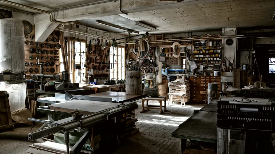 Atelier de menuiserie avec ses machines, ses établis et ses outils accrochés au mur.